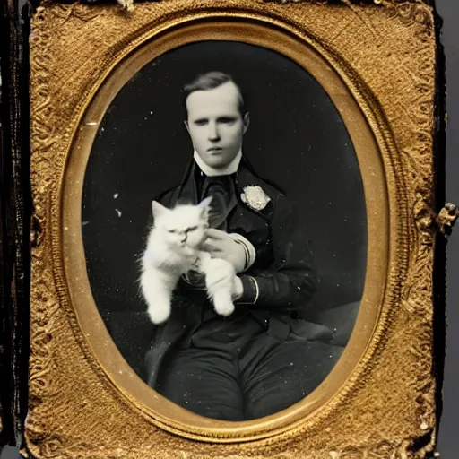 Image similar to a daguerreotype of a man in uniform, holding a kitten.