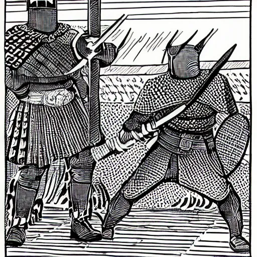 Image similar to viking berserker dueling british knight, hyper detailed black line illustration by Hal Foster