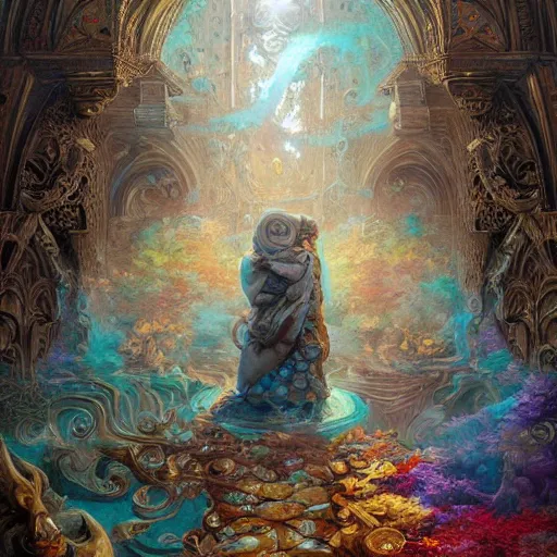 Image similar to Awe-inspiring, dreamlike, interpretation of the Philosopher\'s Stone, gorgeous, colorful, , insanely detailed and intricate, 3D oil painting, mystical and dreamlike, volumetric lightrays, ornate, mysterious engravings, magical atmosphere, hyperrealistic, award-winning collaboration by Marc Simonetti and Andreas Rocha,