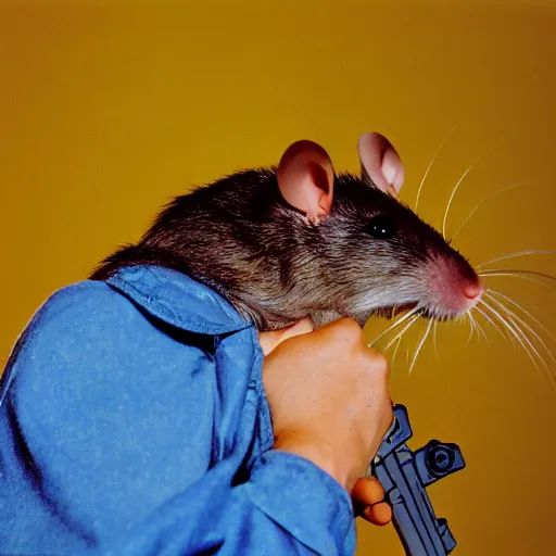 Image similar to 35mm photo of a rat holding a gun, bright and fun colors