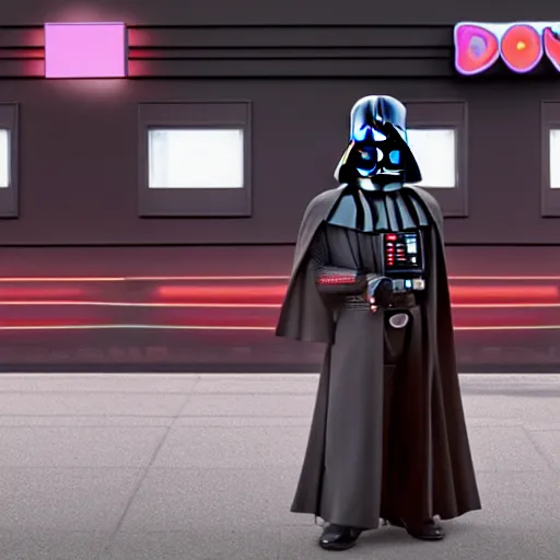 Image similar to darth vador working at dunkin donuts , 8k cinematic lighting, very sharp detail, anatomically correct