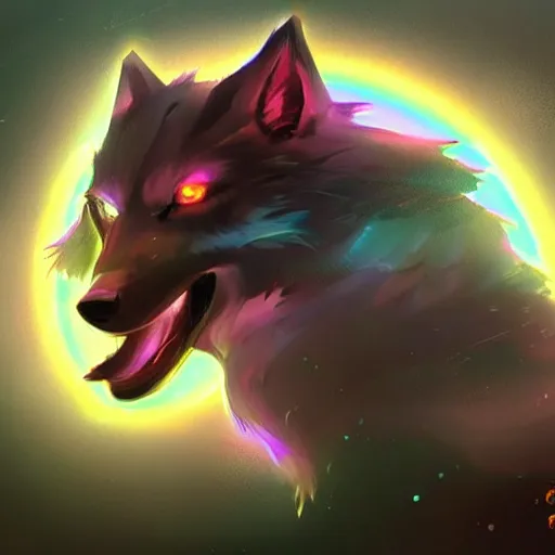 Prompt: Concept art of glowing rainbow star wolf, trending on artstation.