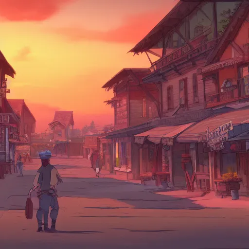 Image similar to a western town at sunset illustration of a picture of a western town at sunset royalty, a digital rendering by Studio Ghibli, shutterstock contest winner, ashcan school, 2d game art, playstation 5 screenshot, matte drawing