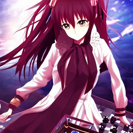 Image similar to beautiful anime girl playing chess, ufotable, official art, pixiv