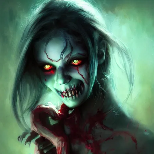Prompt: ghoul girl painted by Raymond Swanland