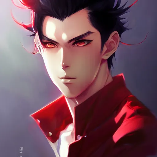 Image similar to anime portrait of a slick black hair guy with red eyes by stanley artgerm lau, wlop, rossdraws, james jean, andrei riabovitchev, marc simonetti, and sakimichan, trending on artstation