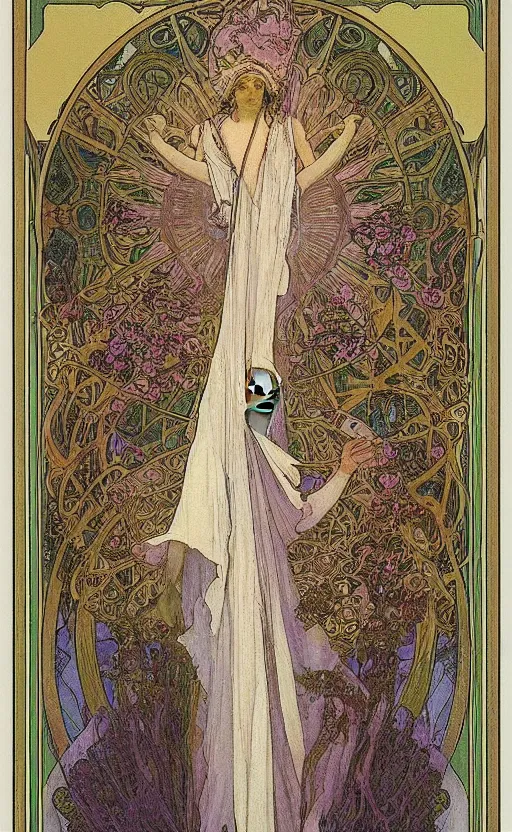 Prompt: the high priestess, tarot, beautiful border, by alfons maria mucha, highly detailded