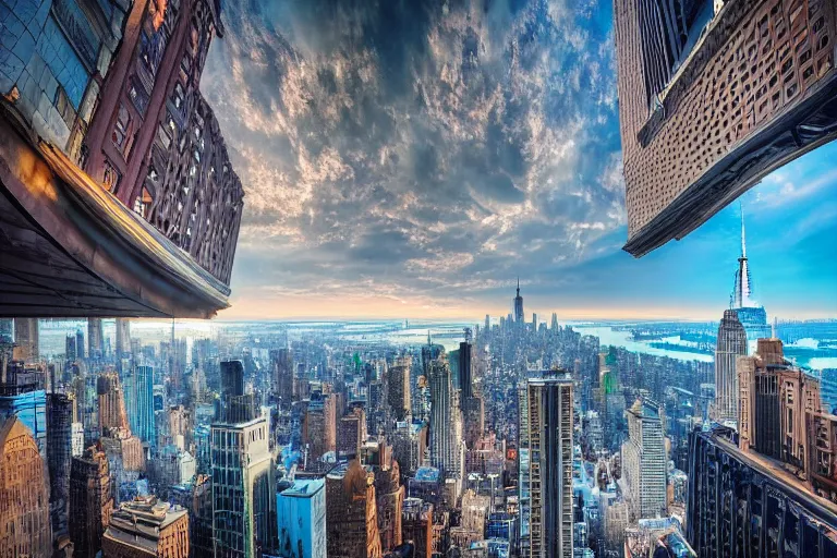 Image similar to beautiful city photography of new york, wide angle, marc adamus, looking up, buildings