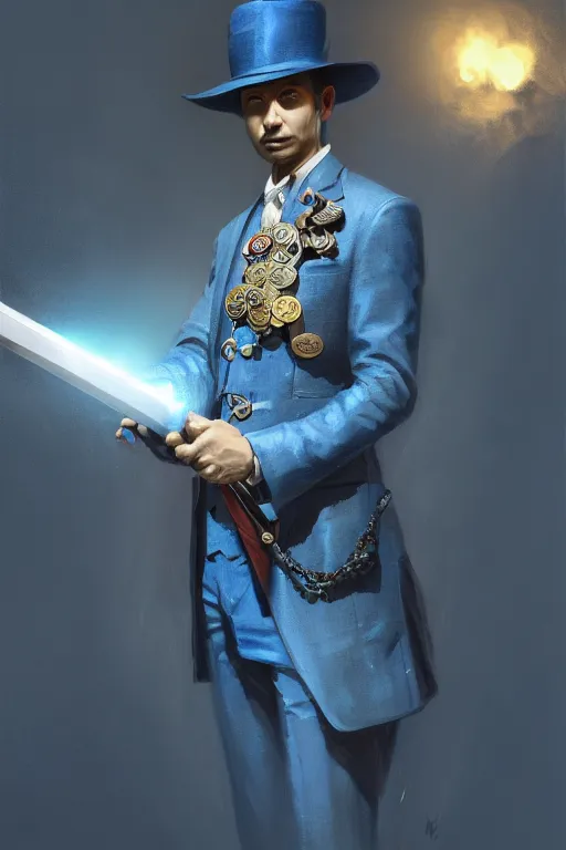 Image similar to a man in a blue suit with medals on it holding a sword in one hand and a pistol in the other hand, highly detailed, d & d, fantasy digital painting, trending on artstation, concept art, sharp focus, illustration, global illumination, ray tracing, realistic shaded, ruan jia, randy vargas, greg rutkowski