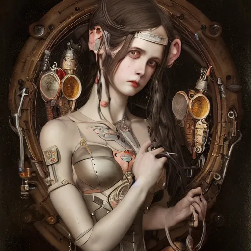 Prompt: tom bagshaw, curiosities carnival, soft paint of a single beautiful kawai rabbitgirl in a full steampunk armor, symmetry accurate features, focus, very intricate ultrafine details, award winning masterpiece