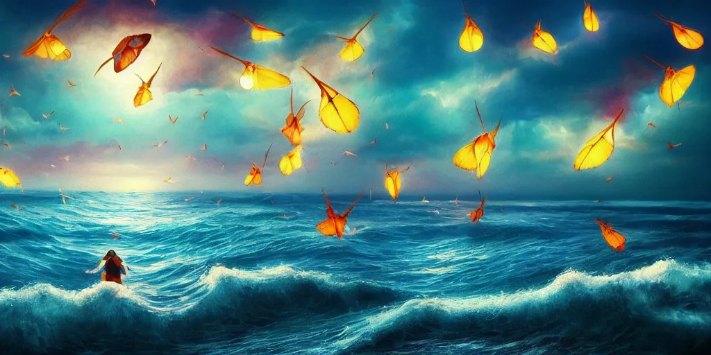 Prompt: If our moths where filled of praise like the sea, and our tongues joy like it’s manny waves we could never reach Your praise, surrealism, musical notes, beautiful sea landscapes, Very colorful painting 8k trending on art station, Intricate details, very realistic, cinematic lighting, volumetric lighting,