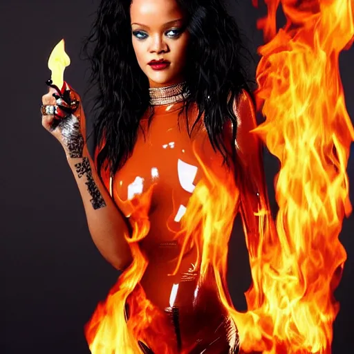 Image similar to a portrait of rihanna wearing a latex bodysuit standing in front of a burning down house. she's holding a flaming torch. exquisite details. photorealistic.