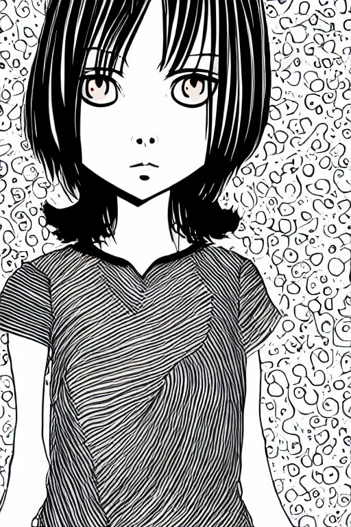 Prompt: portrait of a girl in long pants and a top, hands in pockets, eyes closed, bob haircut, digital art, black and white, manga style, by junji ito