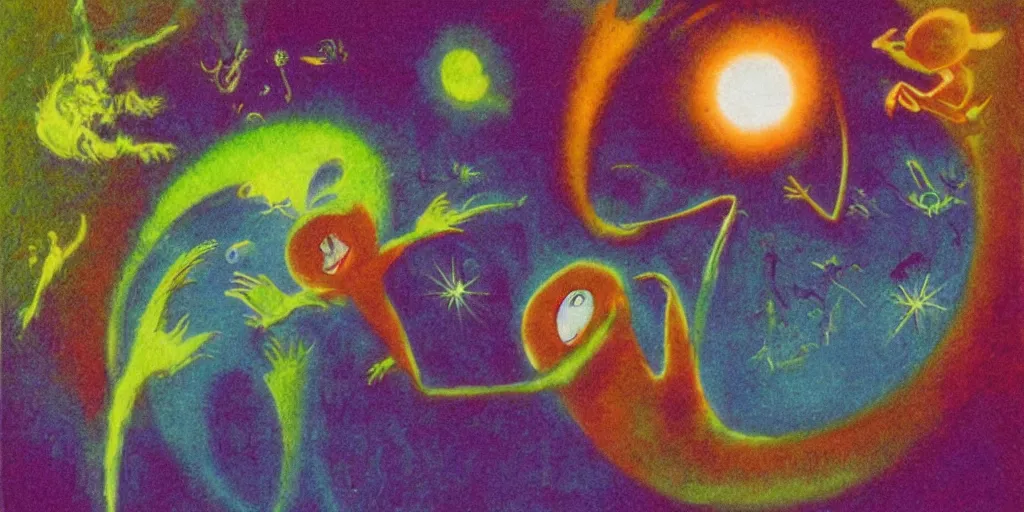 Prompt: dawn of creation; first atom; beings of light and darkness; ethereal plane. Bright neon colors. illustrated by maurice sendak and Stephen Gammell and ERIC CARLE