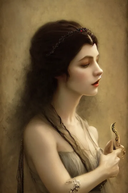 Image similar to a portrait of elegant beautiful dark bohemian vampire woman, bored, illustration, dramatic lighting, soft details, painting oil on canvas, art nouveau, octane render, HDR, 4k, 8k, HD, by Edmund Blair Leighton, Brom, Charlie Bowater, trending on artstation, faces by Tom Bagshaw, Sargent