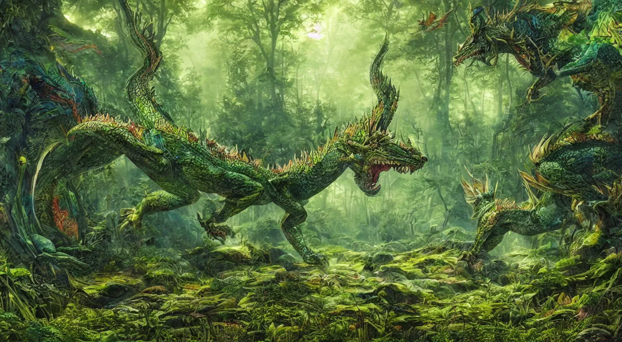 Prompt: A beautiful, highly detailed, very realistic, very vibrant, watercolor painting of a huge ancient Acid Dragon with lots of bright green scales sneaking around in a dense green forest with lots of trees at dusk. Vibrant dark green and lime green color scheme, realistic, by Greg Rutkowski and Thomas Kinkade.