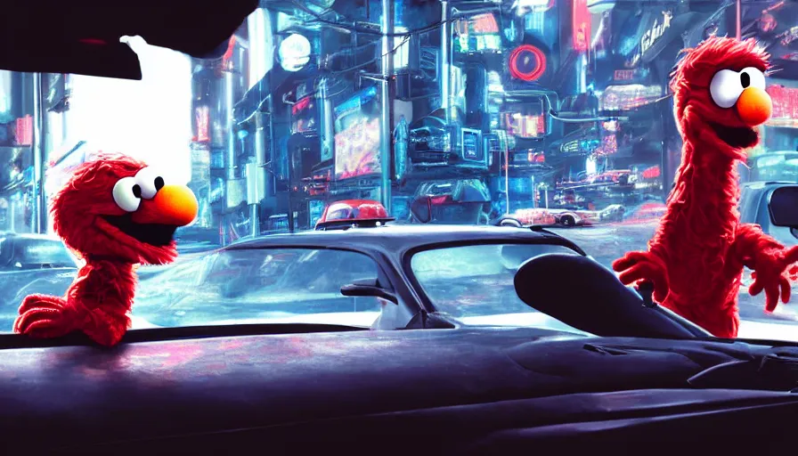 Image similar to elmo!! holding a machine gun leans out of the window of a driving car in cyberpunk, digital art, rendering, hyperrealistic, photorealism