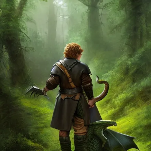 Prompt: a clean shaven rugged warrior hobbit in leather armor with very short hair and a dark green cloak and dark green hood and his pet dragon hiking through the forest, trending on artstation, realistic, detailed, by Tony Sart