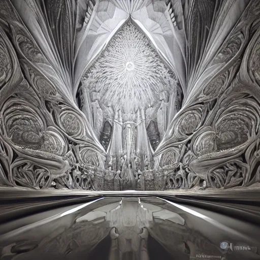 Prompt: a hyperrealistic 3 d render of a massive sprawling fractal cathedral interior populated by mandelbrot fractals, unreal engine, carved soap, white color scheme, volumetric lighting, octane render, glowing, carved marble, opalescent, carved wood, sacred geometry, religious, angelic, catholicpunk, photorealism, 8 k, ultra detailed