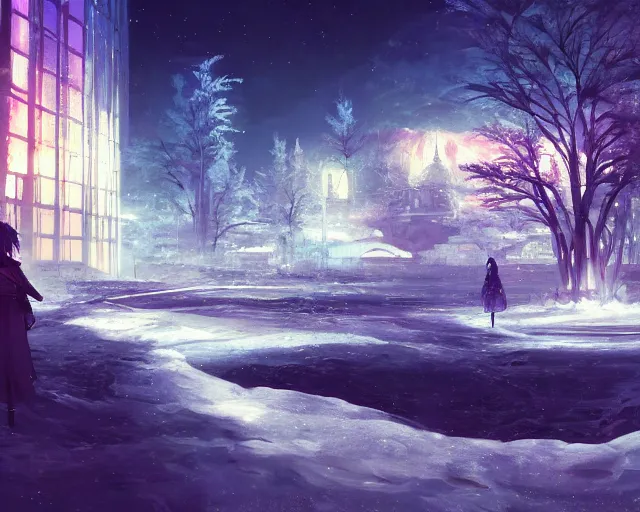 Image similar to scenery artwork, scene beautiful, light!! light essential futuristic winter world snow and night, surrealism oil on canvas, artstation!! pixiv!! dream scenery, quality astral projection render, nier automata concept art, vaporwave textures