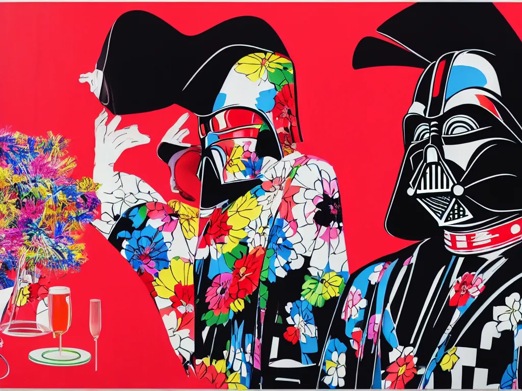 Image similar to hyperrealistic composition, in the middle the woman in a japanese kimono, behind her stands the darth vader, in front of her a table from the casino, in the background is ( ( mount fuji ) ) and fireworks, pop - art style, jacky tsai style, andy warhol style, acrylic on canvas