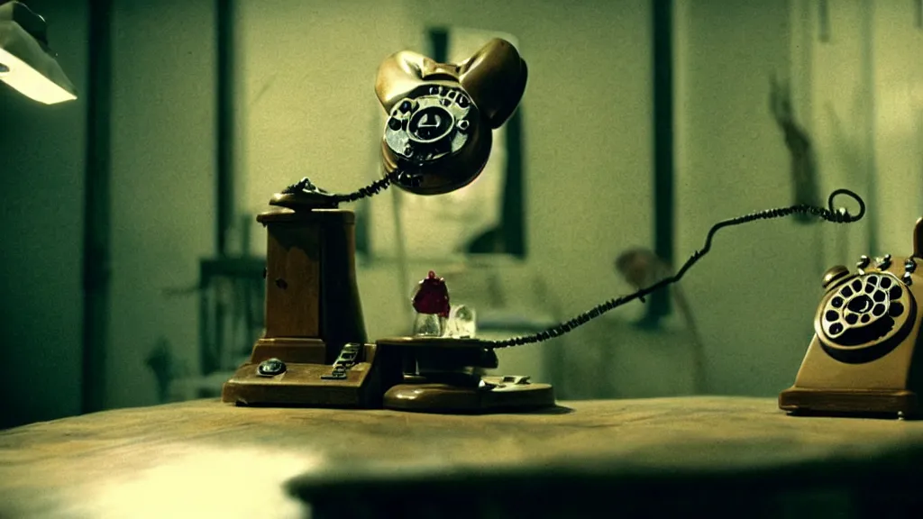 Prompt: the strange creature talks on the rotary phone, made of blood, film still from the movie directed by Denis Villeneuve with art direction by Salvador Dalí, wide lens