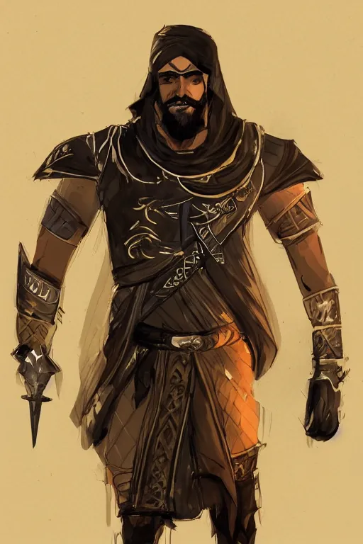 Prompt: !dream Bedouin arab superhero, black vest, intimidating full body armor, Arabian sword, beard, nighttime, cinematic lighting first person view concept art