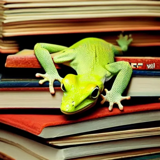 Prompt: the! geico! gecko, being crushed underneath a stack of books, commercial, studio