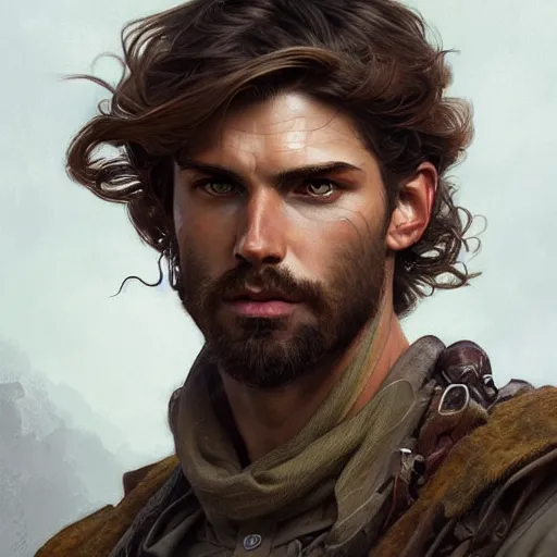 Image similar to Portrait of rugged male ranger, D&D, amber eyes, face, long hair, muscular, fantasy, intricate, elegant, highly detailed, digital painting, artstation, concept art, smooth, sharp focus, illustration, art by artgerm and greg rutkowski and alphonse mucha