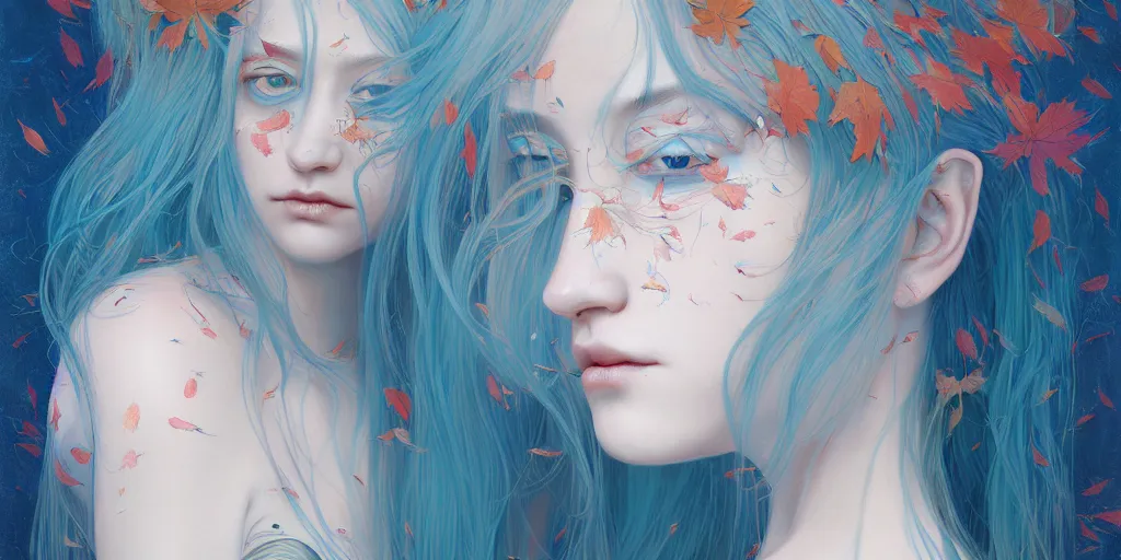 Prompt: breathtaking detailed concept art painting pattern of blue hair faces goddesses amalgamation autumn leaves with anxious piercing eyes, by hsiao - ron cheng and james jean, pastel colors, bizarre compositions, exquisite detail, 8 k