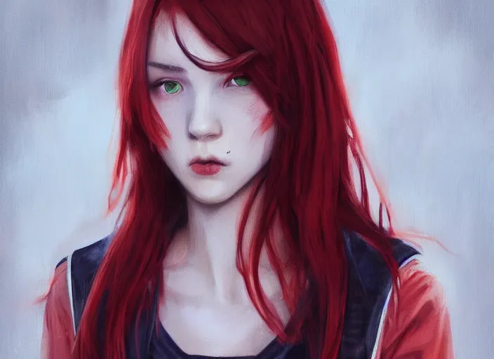 Prompt: painting of a beatiful tomboyish girl with long, crimson red hair and deep red eyes, wearing a dark red shirt and green jeans with a stern look, concept art, character design, trending on artstaion, by WLOP, by Tomine, by Kon, Satoshi, by Hildebrandt