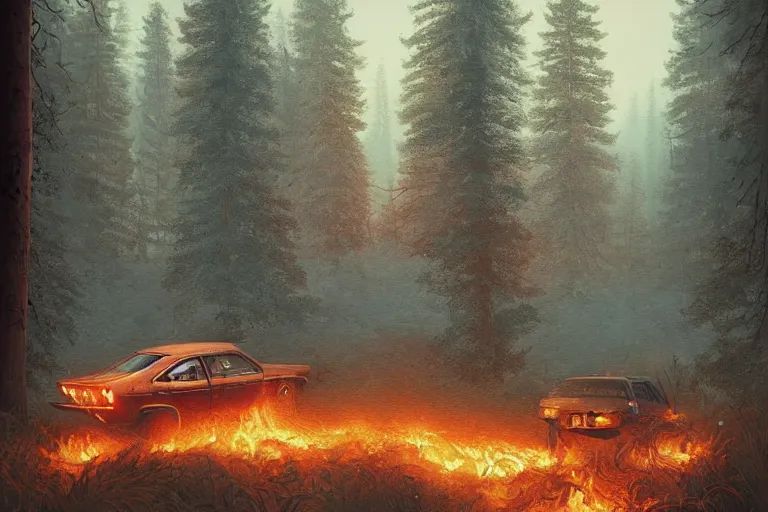 Image similar to burning car driving through a beautiful swedish forest, highly detailed, hyperrealistic, very sharp focus, intricate, soft lighting, dramatic, digital painting by simon stålenhag