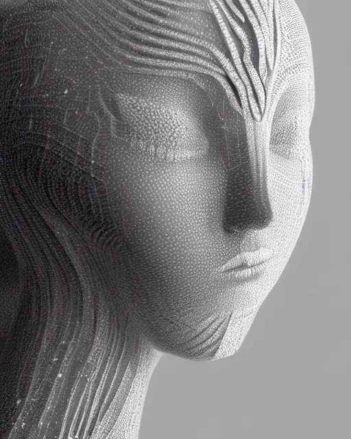 Image similar to mythical dreamy black and white organic translucent bio-mechanical spinal ribbed profile face portrait detail of icy mechanical beautiful female angelic-snow-cyborg, highly detailed, intricate crystal steampunk ornate, poetic, 3D render, digital art, octane render, 8K artistic photography, photo-realistic, by Dora Maar