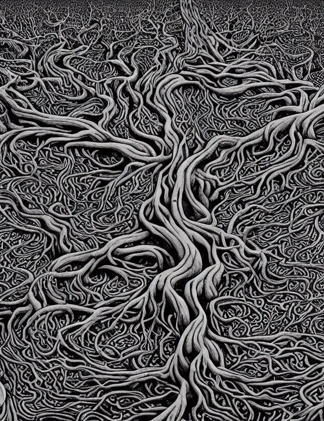 Image similar to an ancient tree with gnarled roots on a hill and rivulets of water running down in a maze by james jean and pascal blanche, labyrinthine, recursive, flowing, mystical