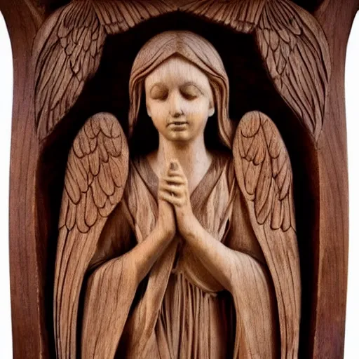 Prompt: Beautiful angel with spread wings and flowing robes, carved in wood, trending on Pinterest