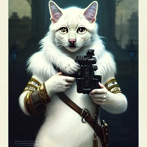 Image similar to portrait painting of a friendly tabaxi police officer, white fur, ultra realistic, concept art, intricate details, eerie, highly detailed, photorealistic, octane render, 8 k, unreal engine. art by artgerm and greg rutkowski and magali villeneuve and alphonse mucha