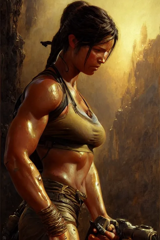 Image similar to muscular sweat lara croft, covers with mud exhausted face close up, highly detailed painting by gaston bussiere, craig mullins, j. c. leyendecker 8 k