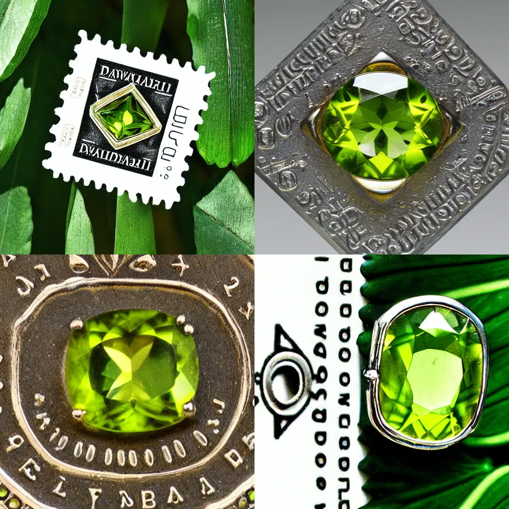 Prompt: very detailed and fine cascade peridot gemstone on a hawaiian post stamp hd photography