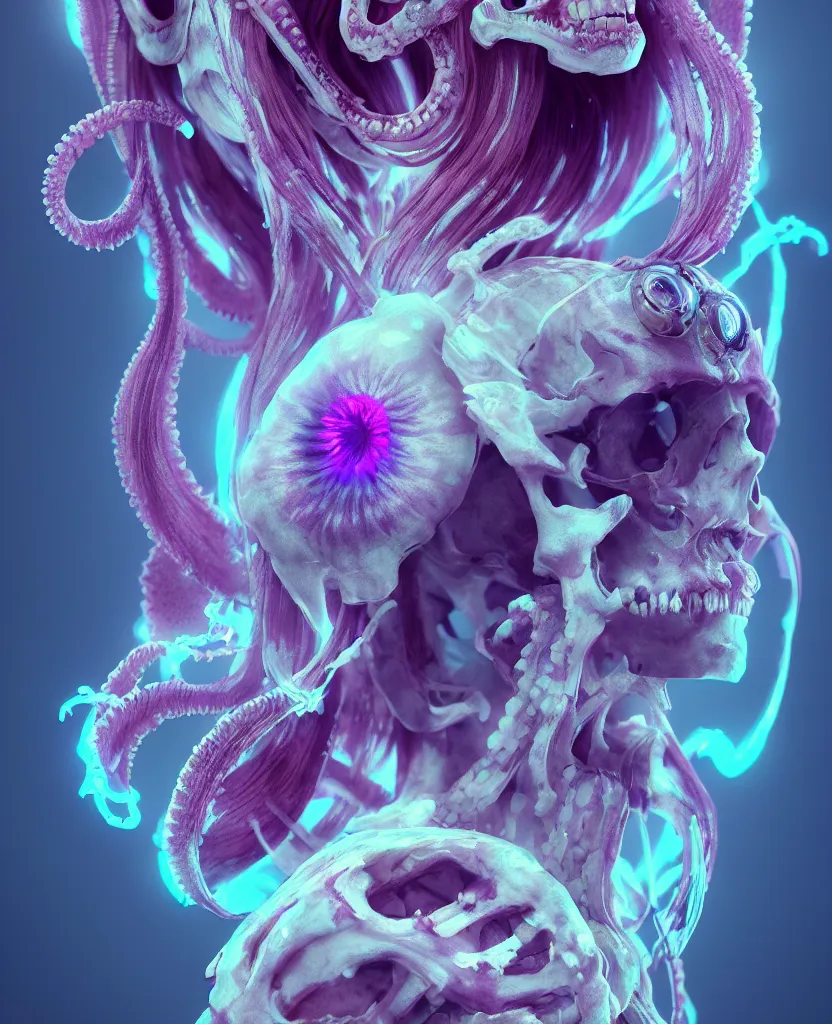 Image similar to goddess close - up portrait human skeleton, ram skull, squid phoenix jellyfish, orchid, betta fish, bioluminiscent, intricate artwork by tooth wu and wlop and beeple. octane render, trending on artstation, greg rutkowski very coherent symmetrical artwork. cinematic, hyper realism, high detail, octane render, 8 k