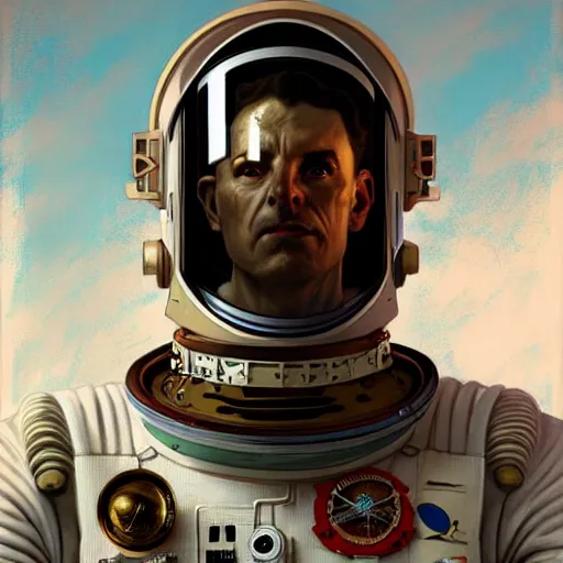 Image similar to portrait of a vicotrian steampunk astronaut man in suit by darek zabrocki and greg ruthkowski, alphonse mucha, simon stalenhag and cinematic and atmospheric, concept art, artstation, trending on artstation