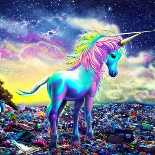Prompt: 8 k capture scan of a iridescent unicorn with wings dancing in a garbage dump, the sky has the milky way, high textured, conceptual, intricate detailed painting, illustration sharp detail, manga 1 9 9 0