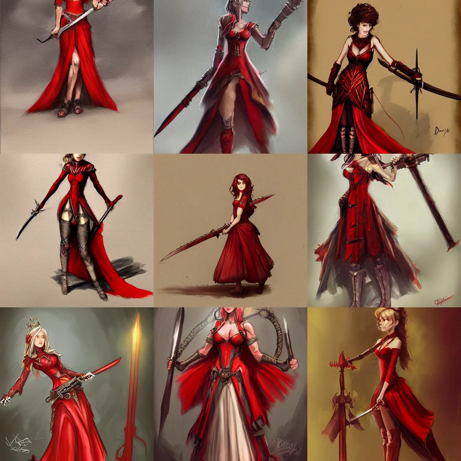 Prompt: a young lady in a red dress holding two swords, concept art by david roberts, deviantart contest winner, fantasy art, official art, steampunk, concept art