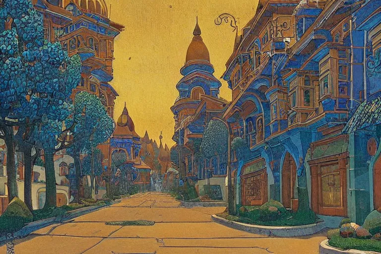 Image similar to tree-lined street in a very old very beautiful city by Thomas Seddon and Nicholas Roerich, ornate wrought iron, strong dramatic cinematic lighting , colorful tiled architecture, lost civilizations, smooth, sharp focus, extremely detailed