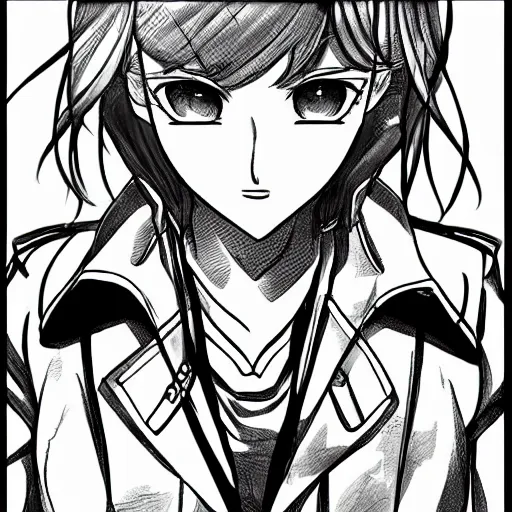 Prompt: manga style, black and white, precise line art, portrait of girl, trench sandbags in background, soldier clothing, military gear, short hair, hair down, symmetrical facial features, realistic face, 4 k, detailed drawing, available on mangadex, by kohei horikoshi