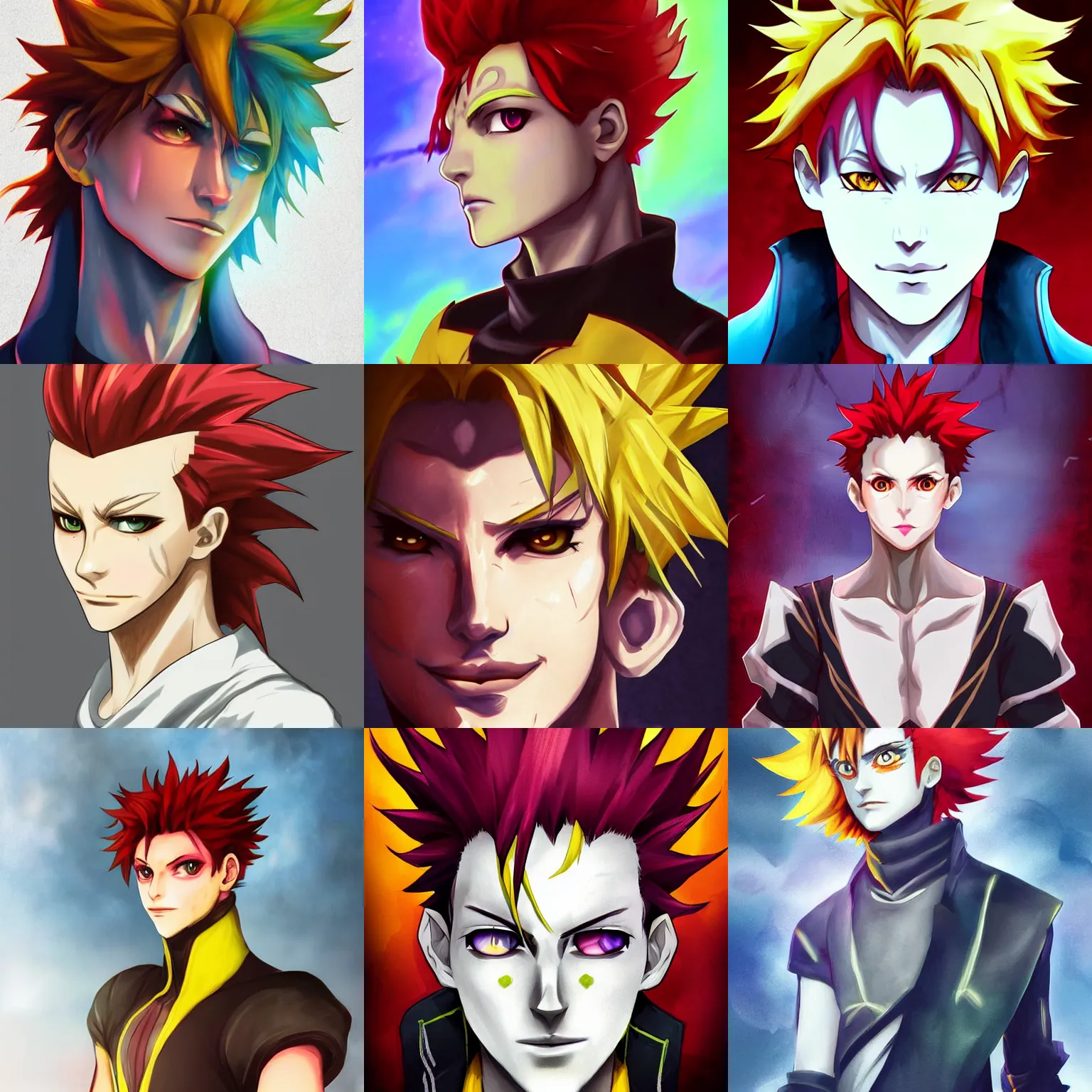 Prompt: portrait of hisoka hunter hunter moira overwatch mix hiddleston 2 0 years old evil male upper body extreme sharp face yellow eyes, narrow slit eyes crimson soft tousled hair medium length hair anime photorealistic artstation key art anime sharp focus hunterpedia finnstark rutkowski