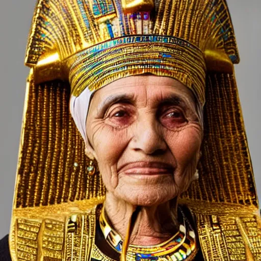 Prompt: egyptian elder woman with high detailed golden crown.