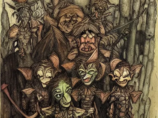 Image similar to a painting of goblins in an art gallery by arthur rackham and Tony DiTerlizzi, trending on artstation, detailed