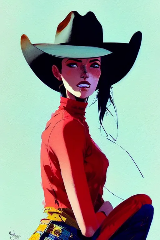 Image similar to a ultradetailed beautiful painting of a stylish woman wearing a cowboy hat and smirking by conrad roset, greg rutkowski and makoto shinkai trending on artstation