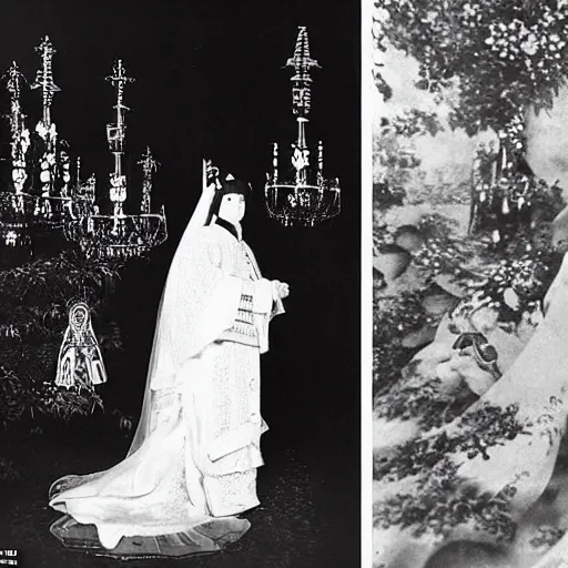 Image similar to A wide-angle, full-shot, colourful black-and-white Russian and Japanese historical fantasy portrait taken within the royal wedding cathedral in 1907 that was inspired by an enchanted ethereal forest was photographed by the event's official photographer.