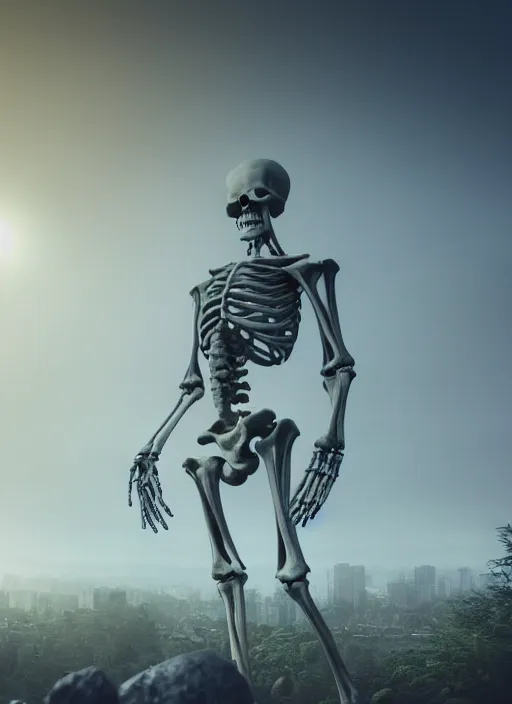 Prompt: Highly detailed Photograph of a colossal human skeleton looming over a city, hyperrealistic, volumetric fog, 8k resolution